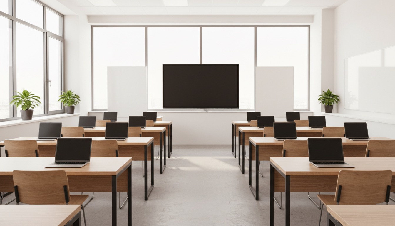 An empty classroom with a wall-mounted display and laptops on desks