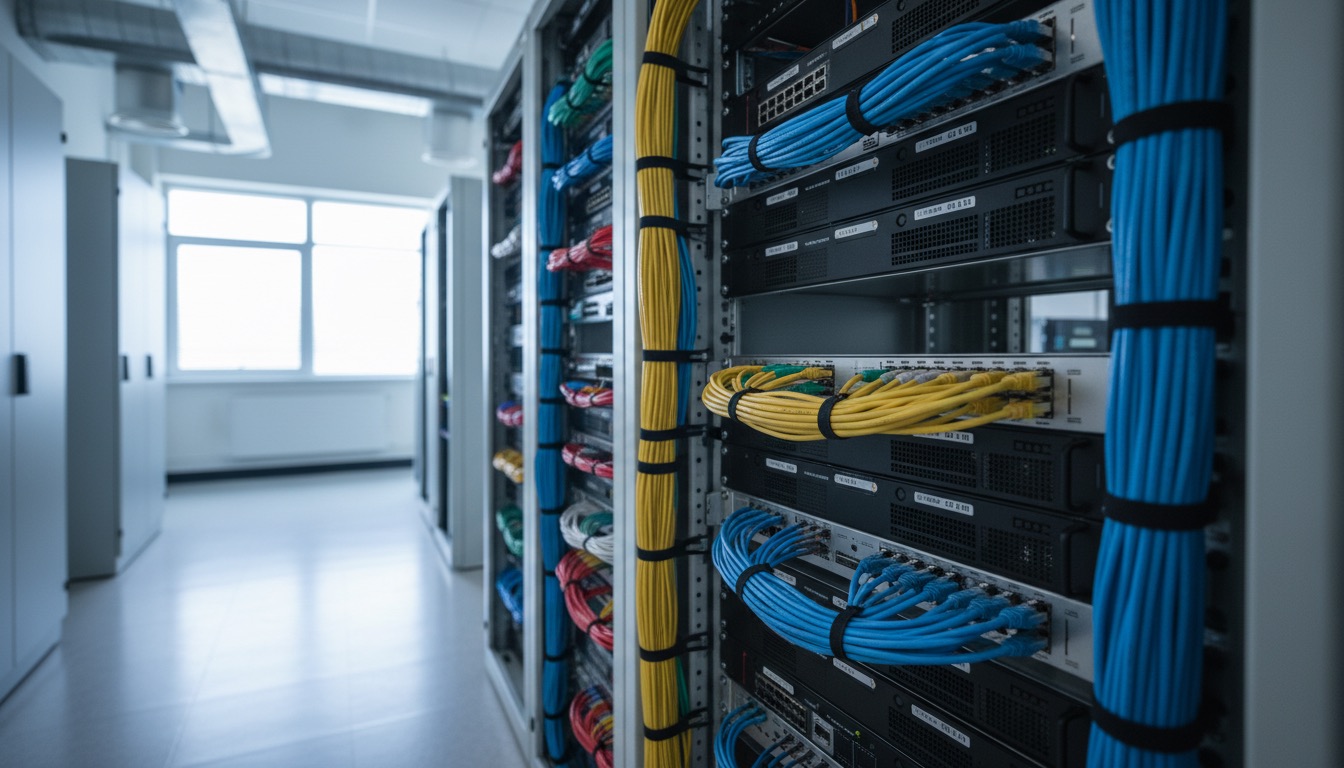 Network equipment racked and neatly cabled in a server room